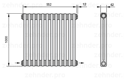 Схема (чертеж) Радиатор Zehnder Charleston 2100/12 №2670 Белый глянцевый RAL 9016